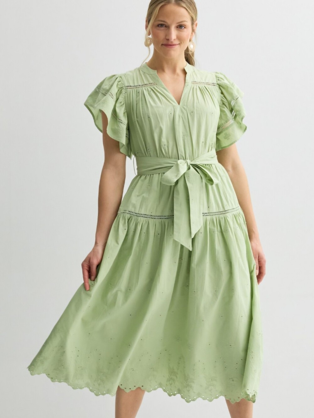 Farmers Market Sage Green Tie-Waist Eyelet Midi Dress | Size L - NWT - Picture 2 of 5